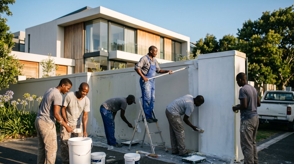 Professional team painting a boundary wall at a modern home in Paarl
