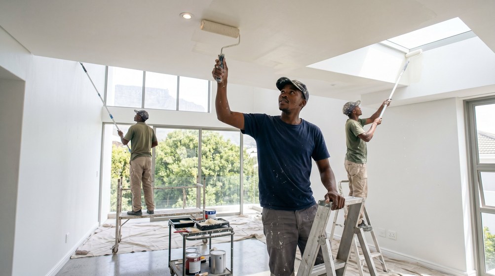 Professional ceiling painters rolling white paint onto a high ceiling in Paarl