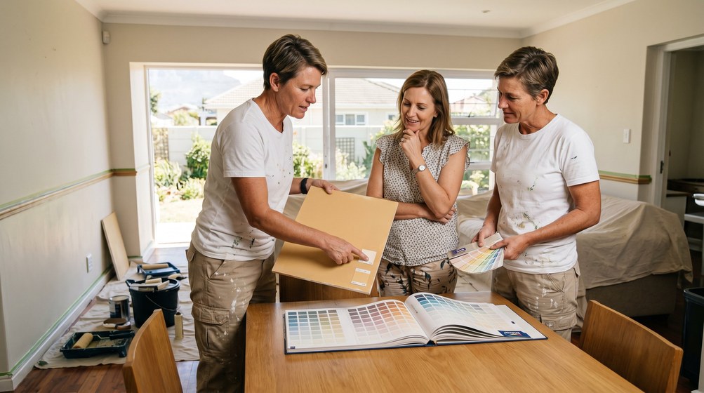 Professional colour consultant showing paint swatches to a homeowner in Paarl
