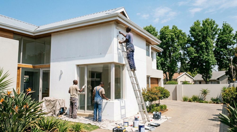 Professional exterior house painters in Paarl painting a modern home