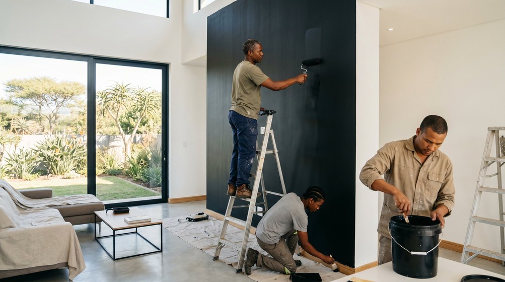 Professional painters creating a bold black feature wall in a modern Paarl home