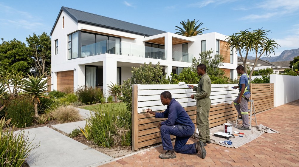 Professional fence painters painting a wooden fence at a coastal home in Paarl