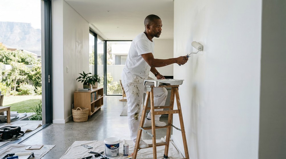 Professional interior painter in Paarl painting walls with a roller
