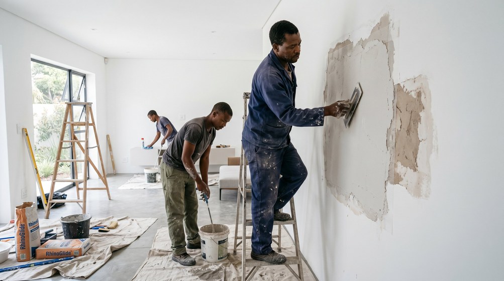 Professional plaster repair team skim coating damaged walls in Paarl
