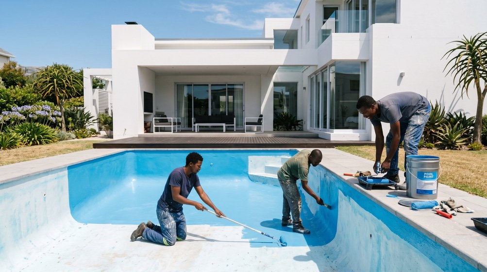 Professional pool painters applying blue pool paint to a swimming pool in Paarl
