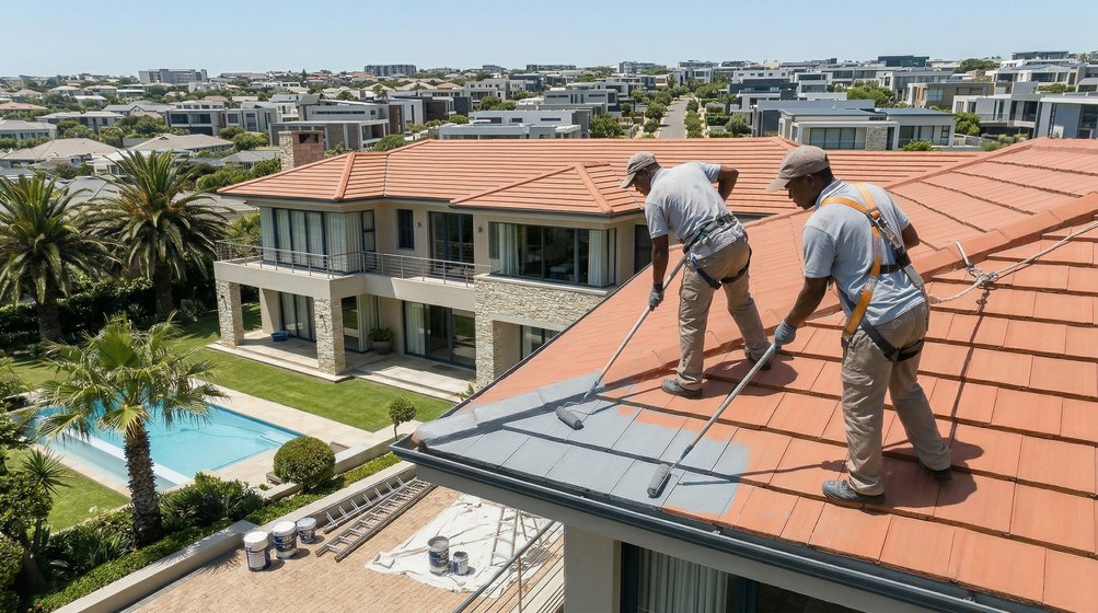 Professional roof painters applying waterproof coating to tiled roof in Paarl