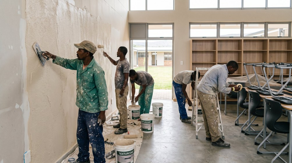 Professional texture coating team applying Texturcoat to interior walls in Paarl
