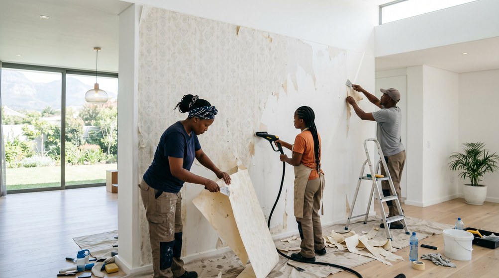 Professional wallpaper removal team stripping old wallpaper in a Paarl home
