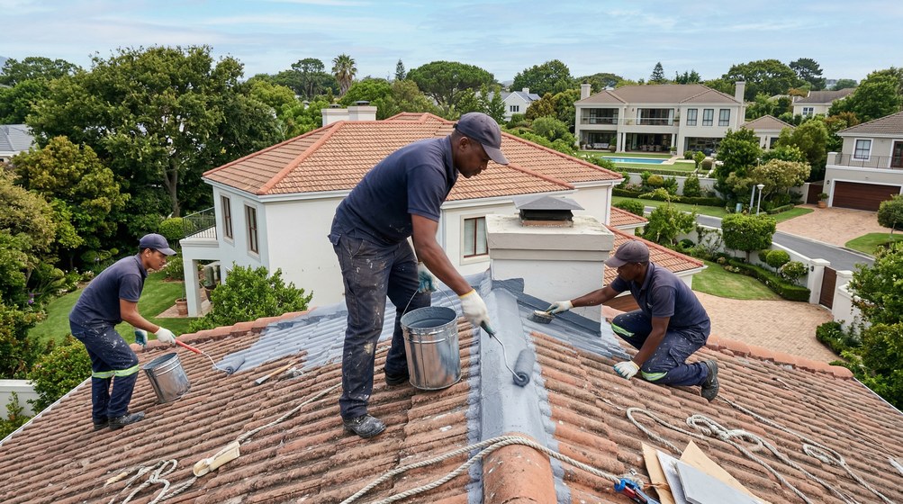 Professional waterproofing team applying membrane to roof in Paarl