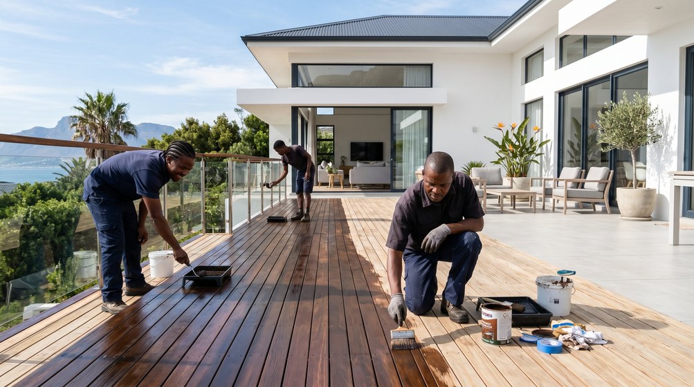 Professional wood staining team applying deck stain overlooking the ocean in Paarl